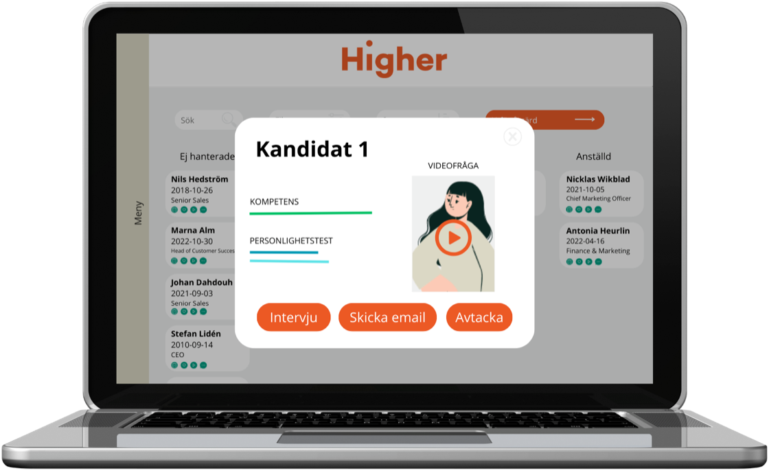 Kandidatkortet i Higher på en bärbar dator, med kompetens, personlighetstest och videosvar